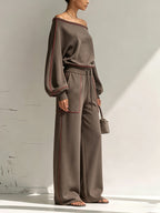 Asymmetrical One Shoulder Red Piping Sweatshirt Wide Leg Pants 2 Piece Set, Luxury Loose Loungewear Tracksuit For Women