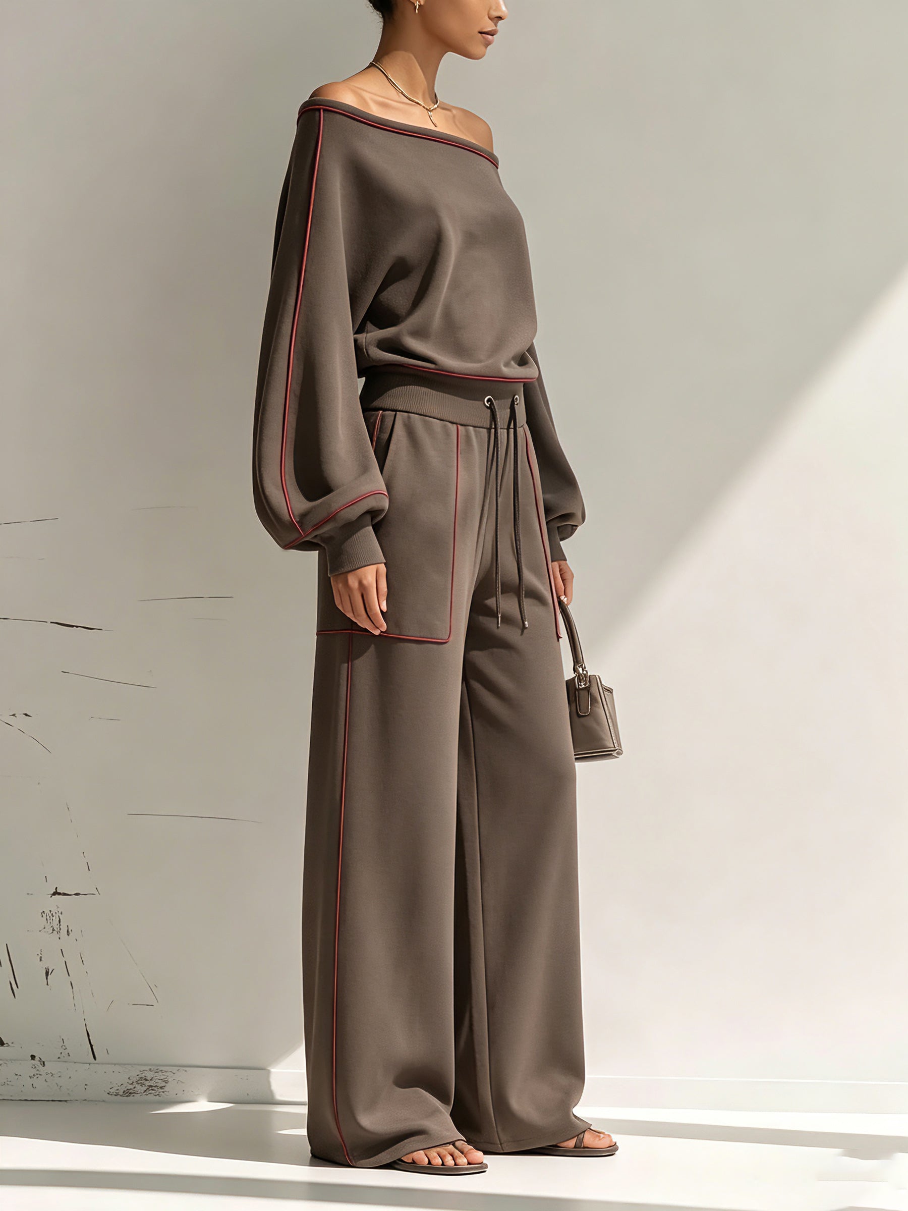 Asymmetrical One Shoulder Red Piping Sweatshirt Wide Leg Pants 2 Piece Set, Luxury Loose Loungewear Tracksuit For Women
