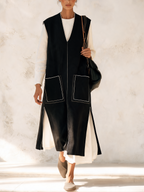 Black Contrast Stitching V‑Neck Sleeveless Long Vest With Pockets
