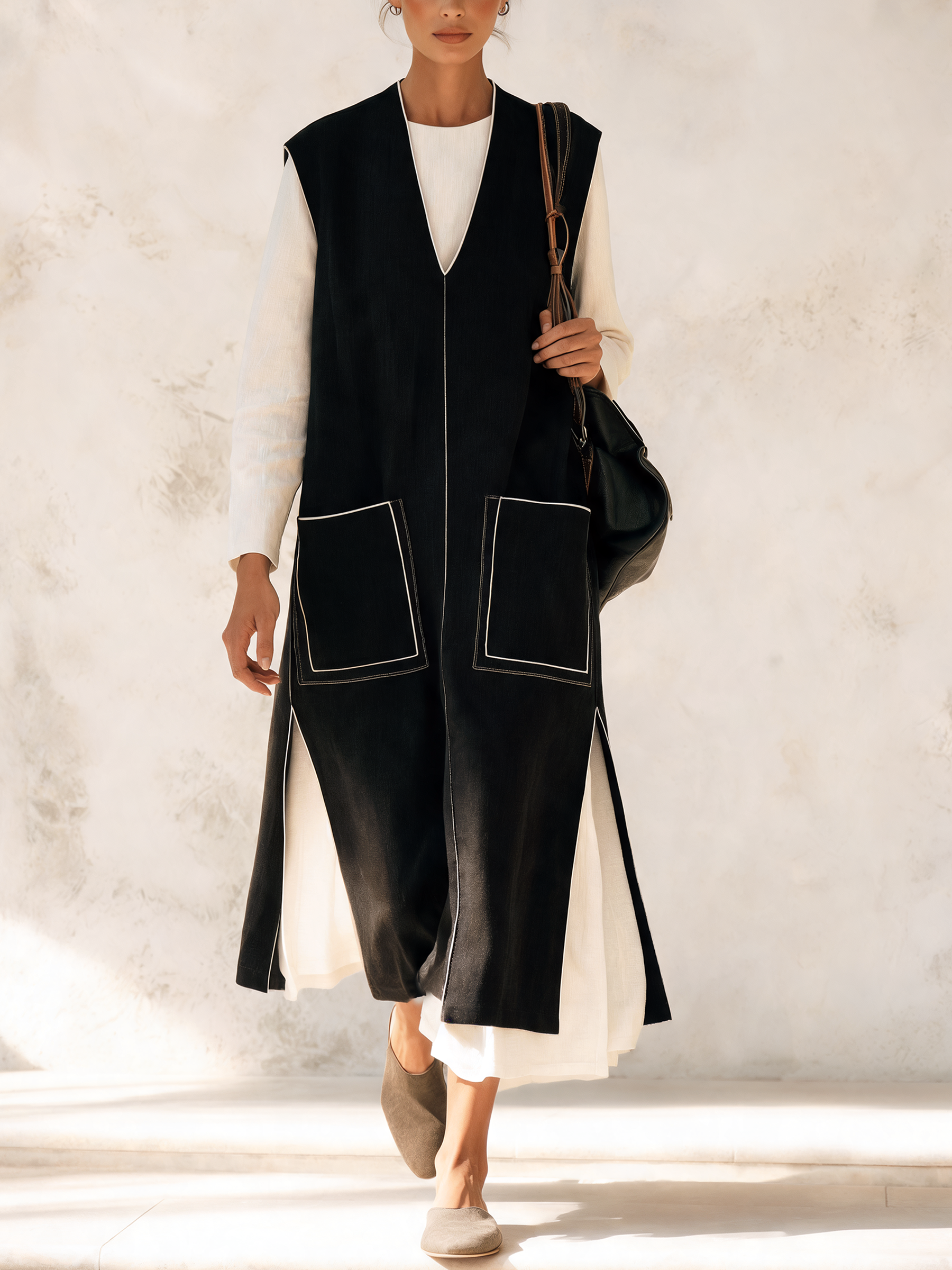 Black Contrast Stitching V‑Neck Sleeveless Long Vest With Pockets