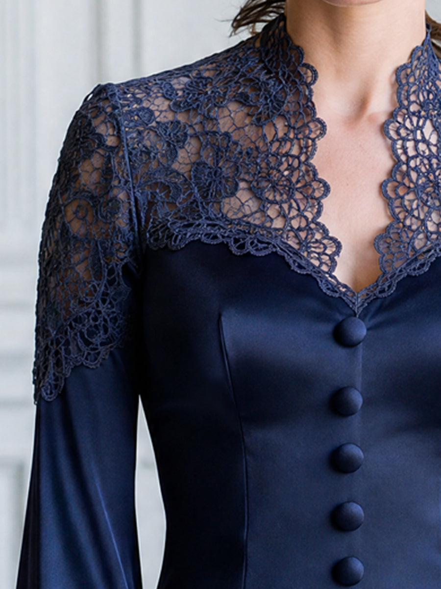 Floral Lace Yoke Satin Button-Front Blouse