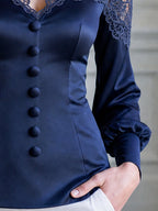 Floral Lace Yoke Satin Button-Front Blouse