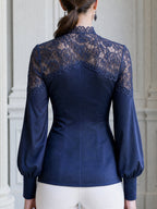 Floral Lace Yoke Satin Button-Front Blouse