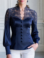 Floral Lace Yoke Satin Button-Front Blouse