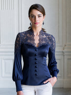 Floral Lace Yoke Satin Button-Front Blouse
