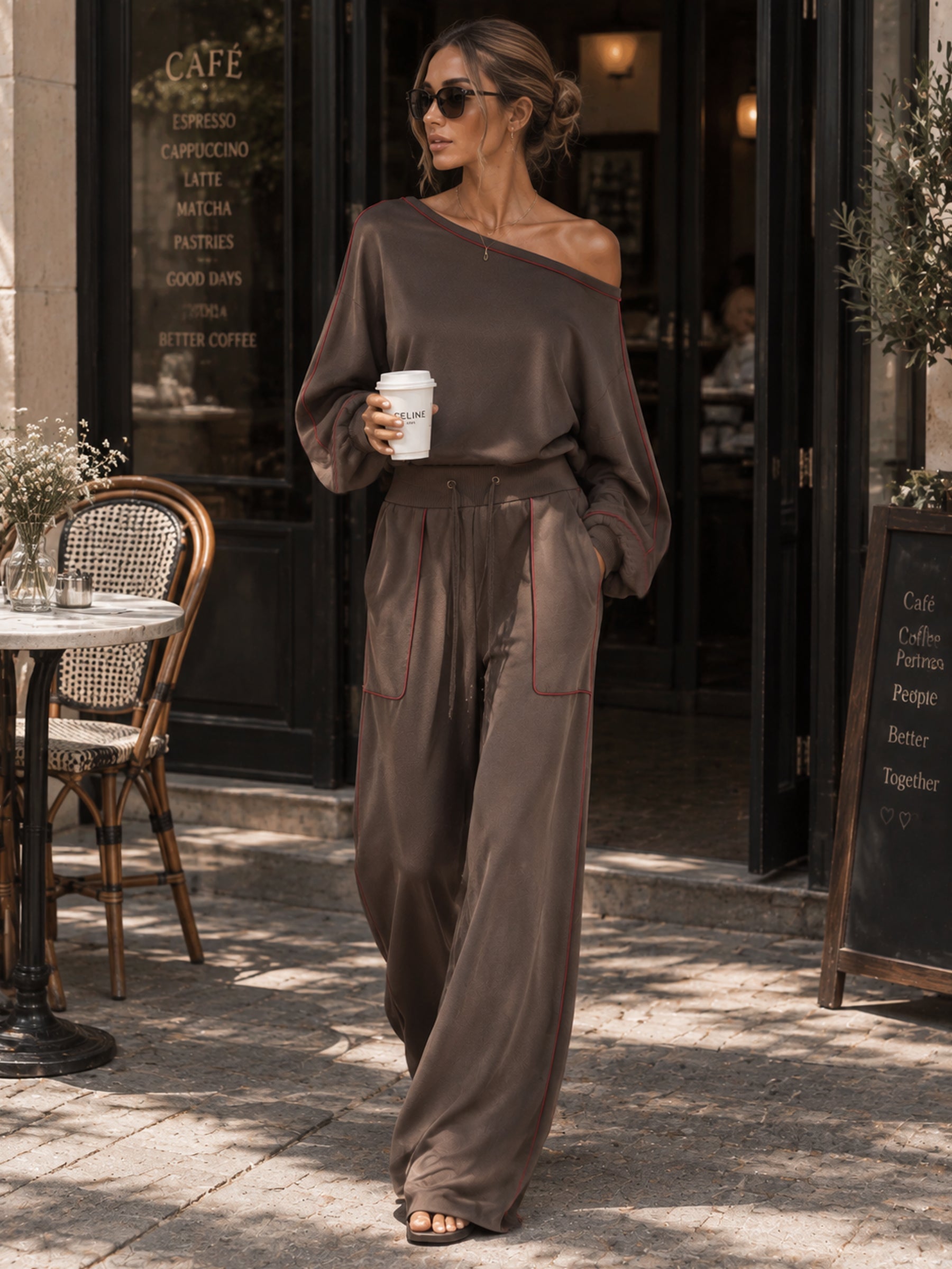 Asymmetrical One Shoulder Red Piping Sweatshirt Wide Leg Pants 2 Piece Set, Luxury Loose Loungewear Tracksuit For Women