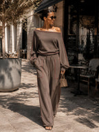 Asymmetrical One Shoulder Red Piping Sweatshirt Wide Leg Pants 2 Piece Set, Luxury Loose Loungewear Tracksuit For Women