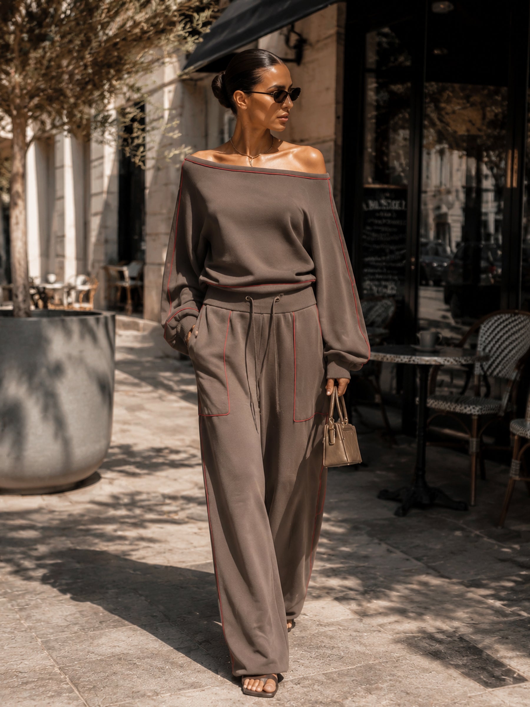 Asymmetrical One Shoulder Red Piping Sweatshirt Wide Leg Pants 2 Piece Set, Luxury Loose Loungewear Tracksuit For Women