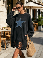 Star Patch Distressed Washed Sweatshirt Dress