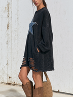 Star Patch Distressed Washed Sweatshirt Dress