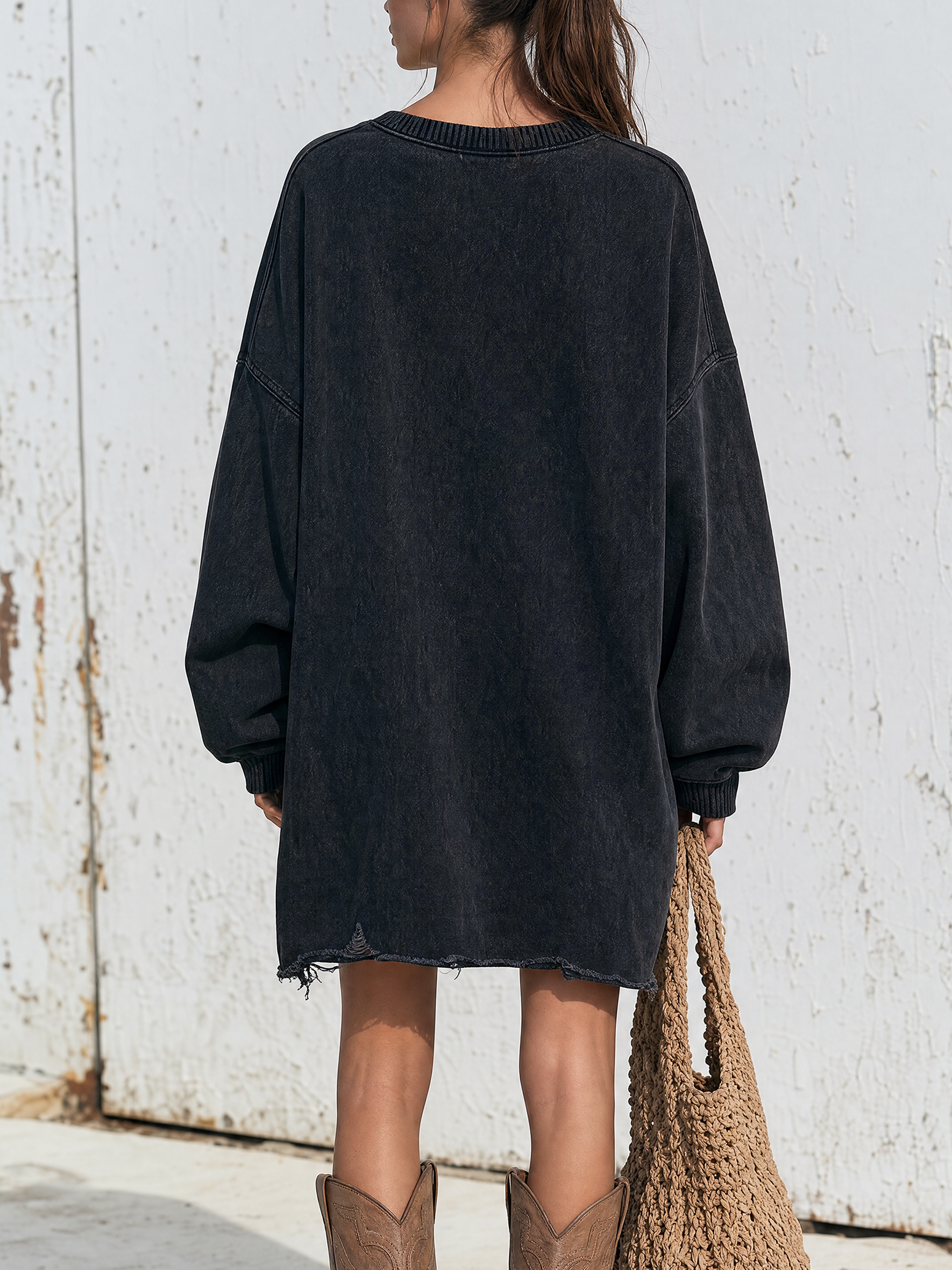 Star Patch Distressed Washed Sweatshirt Dress
