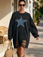 Star Patch Distressed Washed Sweatshirt Dress
