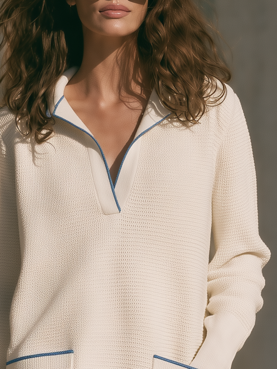 Women's Long Sleeve Contrast Trim Polo Collar Sweater Mini Dress