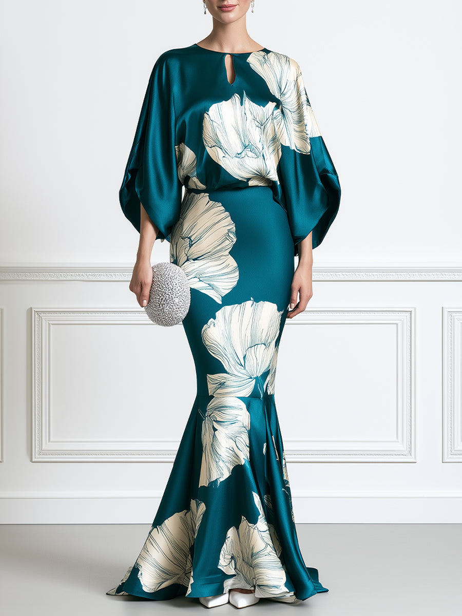 Floral Print Batwing Sleeve Satin Mermaid Evening Maxi Dress