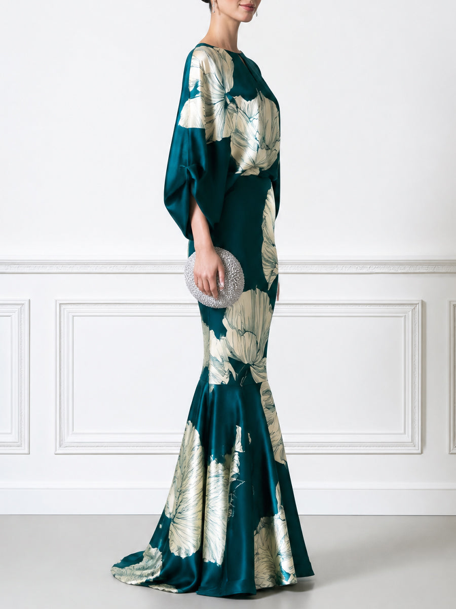 Floral Print Batwing Sleeve Satin Mermaid Evening Maxi Dress