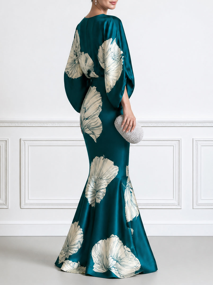 Floral Print Batwing Sleeve Satin Mermaid Evening Maxi Dress