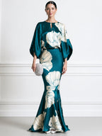 Floral Print Batwing Sleeve Satin Mermaid Evening Maxi Dress