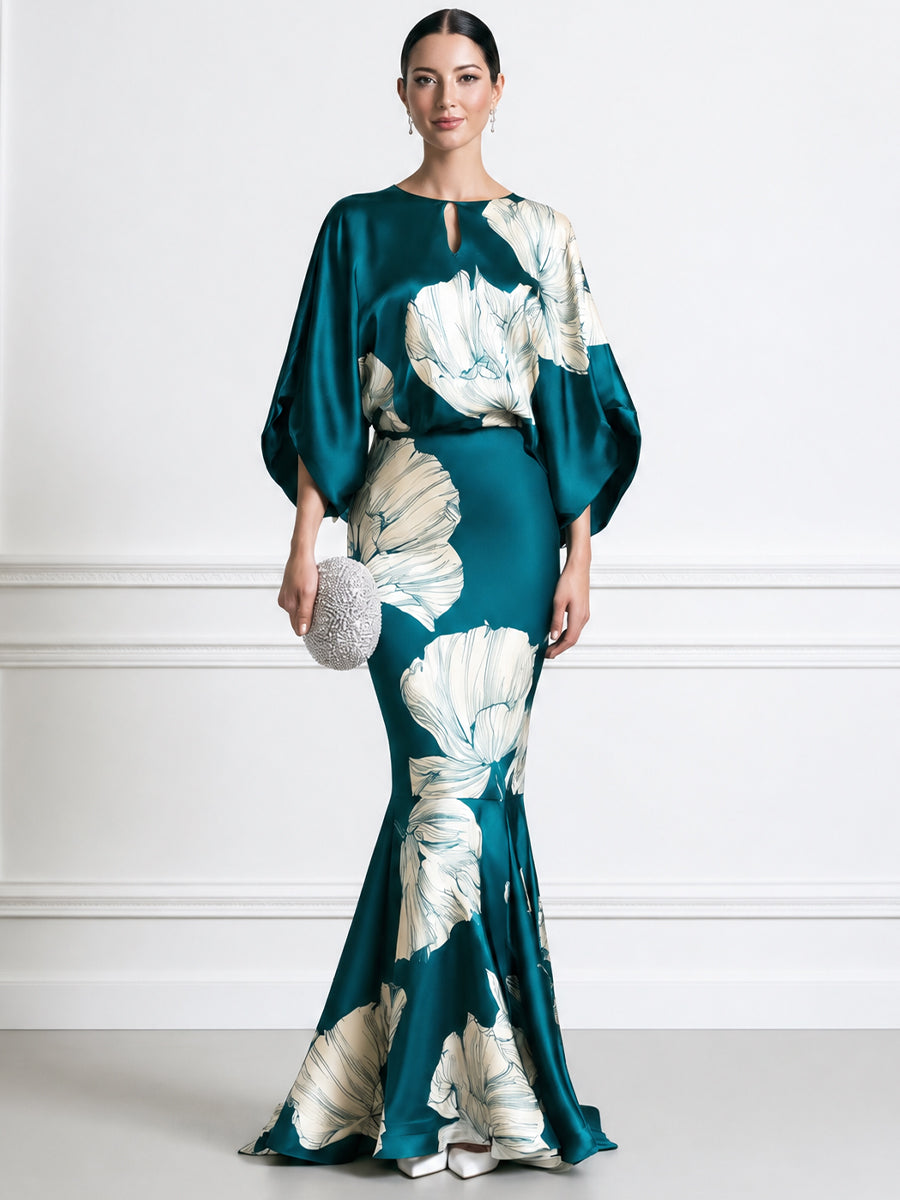 Floral Print Batwing Sleeve Satin Mermaid Evening Maxi Dress