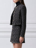 Tweed Fringe-Trim Cropped Jacket & Mini Skirt Set with Gold-Tone Buttons