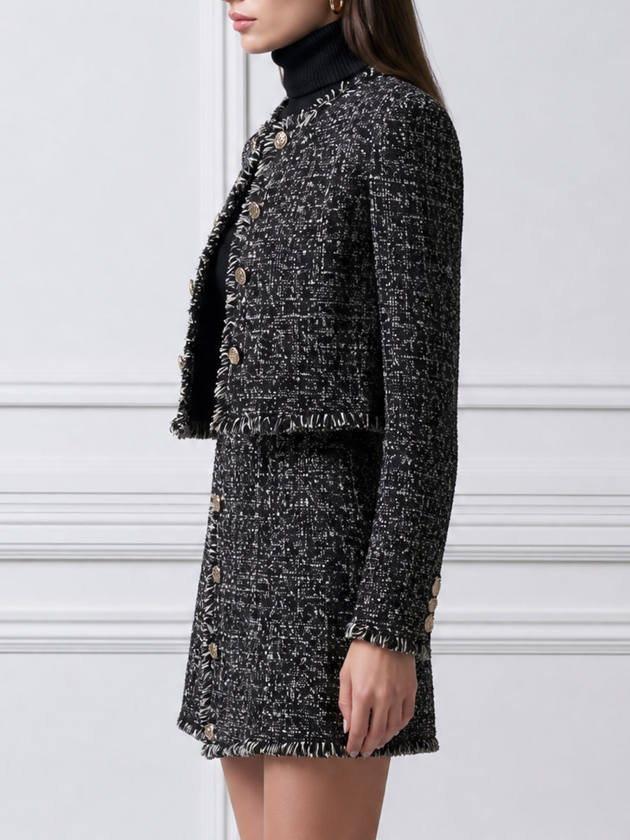 Tweed Fringe-Trim Cropped Jacket & Mini Skirt Set with Gold-Tone Buttons