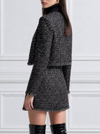 Tweed Fringe-Trim Cropped Jacket & Mini Skirt Set with Gold-Tone Buttons