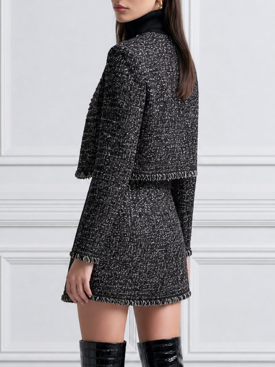 Tweed Fringe-Trim Cropped Jacket & Mini Skirt Set with Gold-Tone Buttons