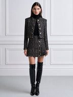 Tweed Fringe-Trim Cropped Jacket & Mini Skirt Set with Gold-Tone Buttons