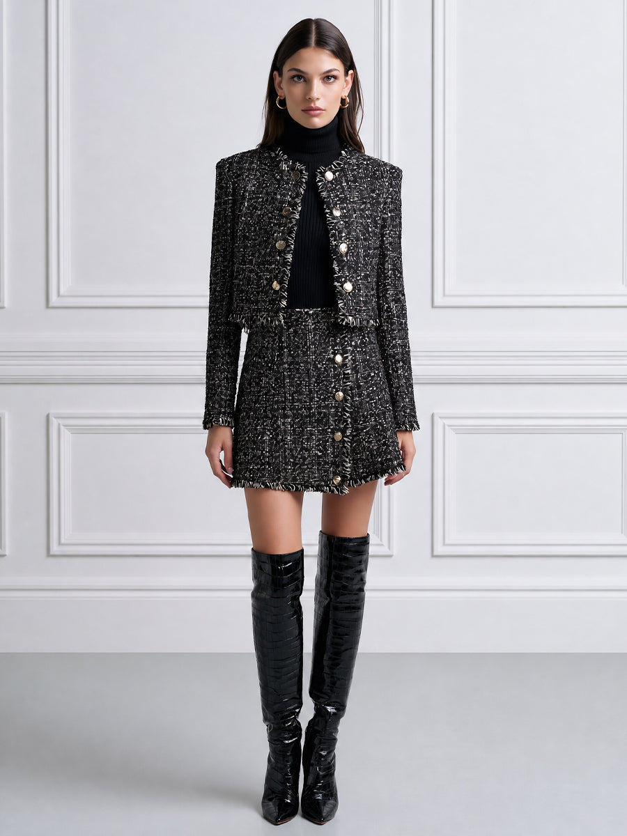 Tweed Fringe-Trim Cropped Jacket & Mini Skirt Set with Gold-Tone Buttons