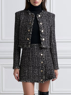 Tweed Fringe-Trim Cropped Jacket & Mini Skirt Set with Gold-Tone Buttons