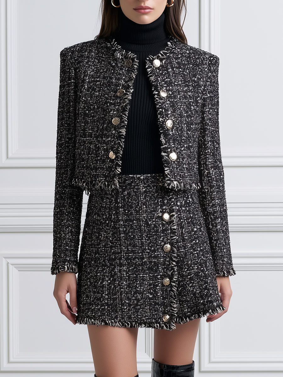 Tweed Fringe-Trim Cropped Jacket & Mini Skirt Set with Gold-Tone Buttons