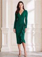 Ruched V-Neck Long Sleeve Ruffle Wrap Bodycon Midi Dress