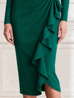 Ruched V-Neck Long Sleeve Ruffle Wrap Bodycon Midi Dress