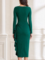 Ruched V-Neck Long Sleeve Ruffle Wrap Bodycon Midi Dress