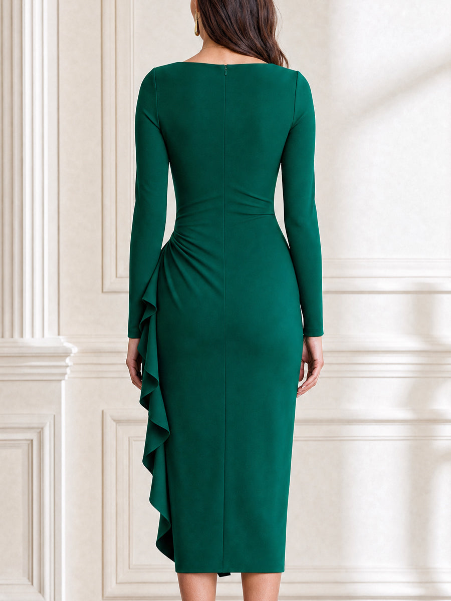 Ruched V-Neck Long Sleeve Ruffle Wrap Bodycon Midi Dress