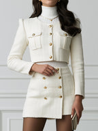 Elegant White Tweed Cropped Jacket & Mini Skirt Two-Piece Set with Gold Button Details