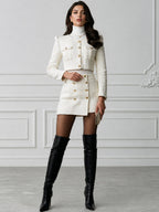 Elegant White Tweed Cropped Jacket & Mini Skirt Two-Piece Set with Gold Button Details