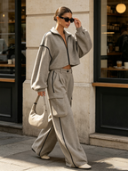 Grey Contrast Piping Zip‑Up Cropped Top & Cargo Wide‑Leg Pants Two‑Piece Set