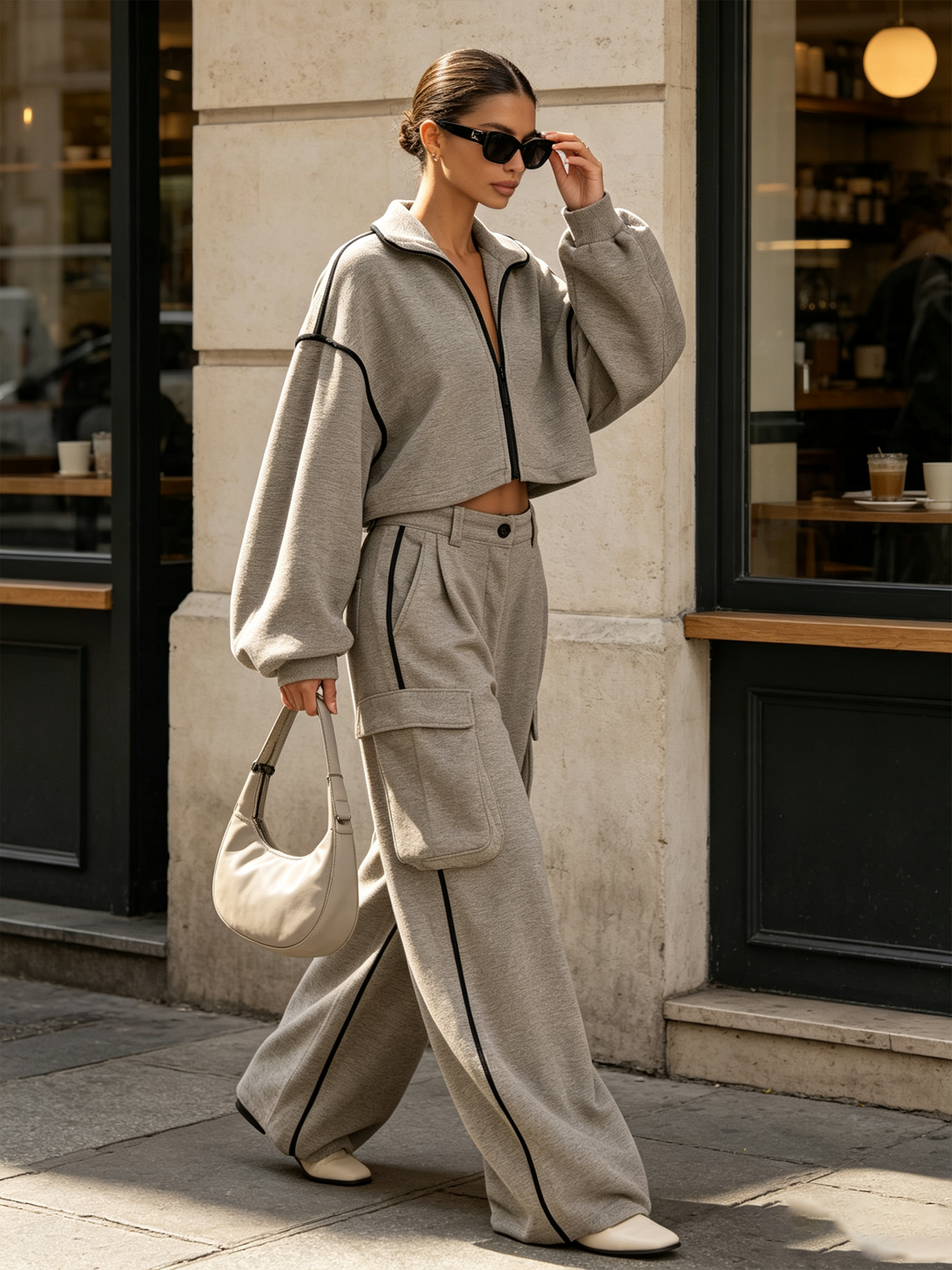 Grey Contrast Piping Zip‑Up Cropped Top & Cargo Wide‑Leg Pants Two‑Piece Set
