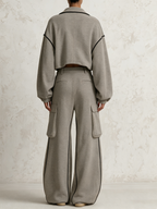 Grey Contrast Piping Zip‑Up Cropped Top & Cargo Wide‑Leg Pants Two‑Piece Set