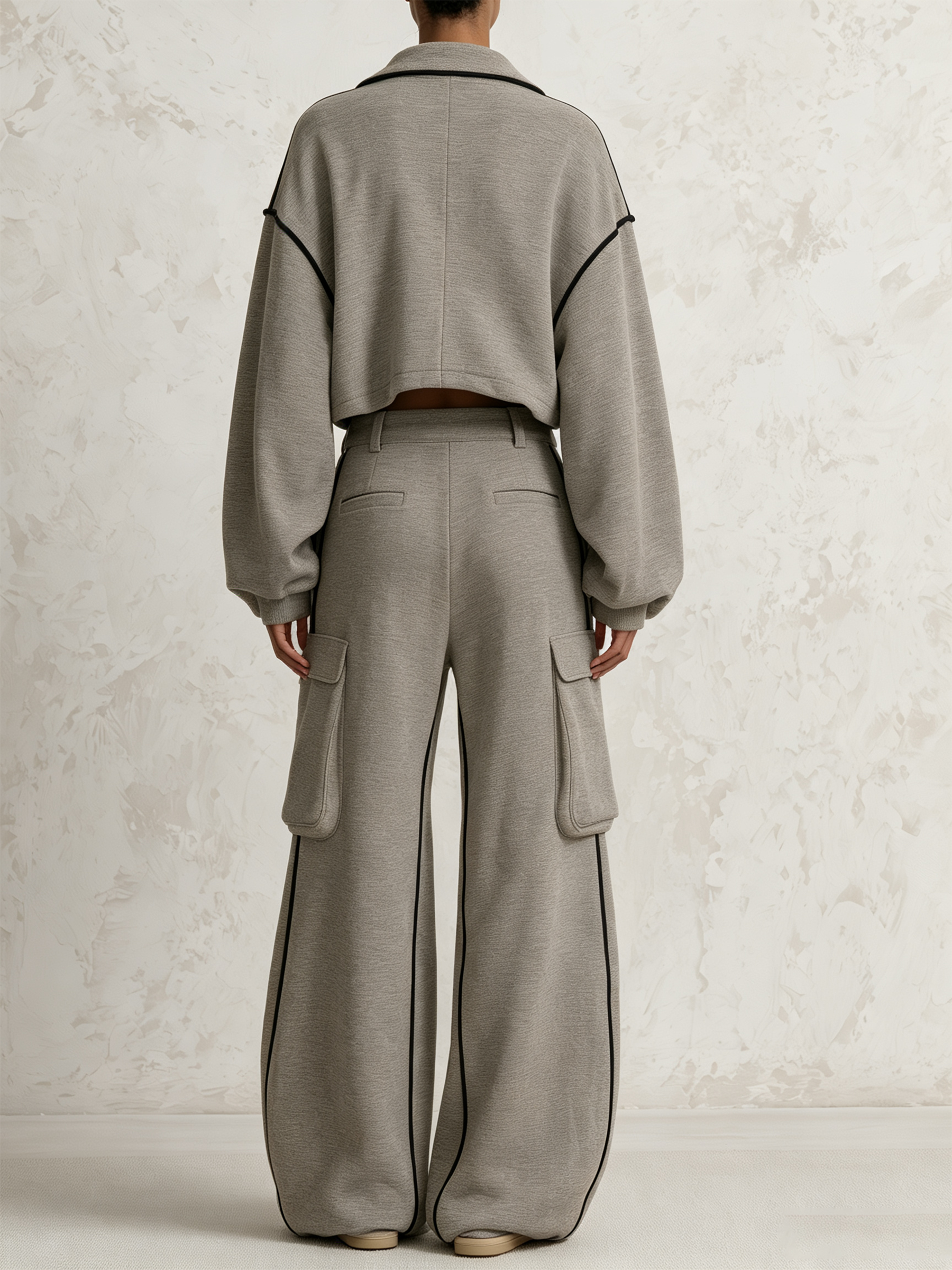 Grey Contrast Piping Zip‑Up Cropped Top & Cargo Wide‑Leg Pants Two‑Piece Set