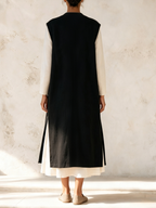 Black Contrast Stitching V‑Neck Sleeveless Long Vest With Pockets