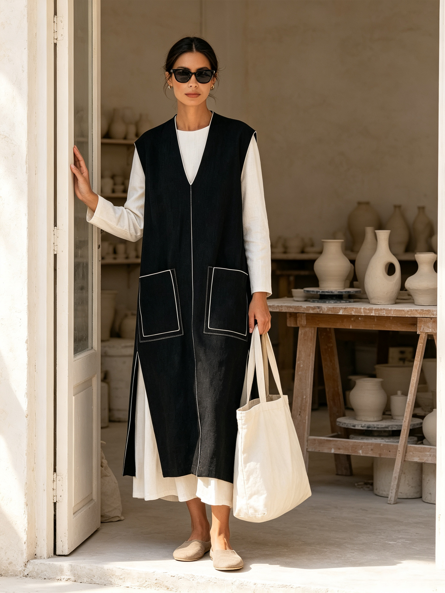 Black Contrast Stitching V‑Neck Sleeveless Long Vest With Pockets