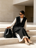 Black Contrast Stitching V‑Neck Sleeveless Long Vest With Pockets