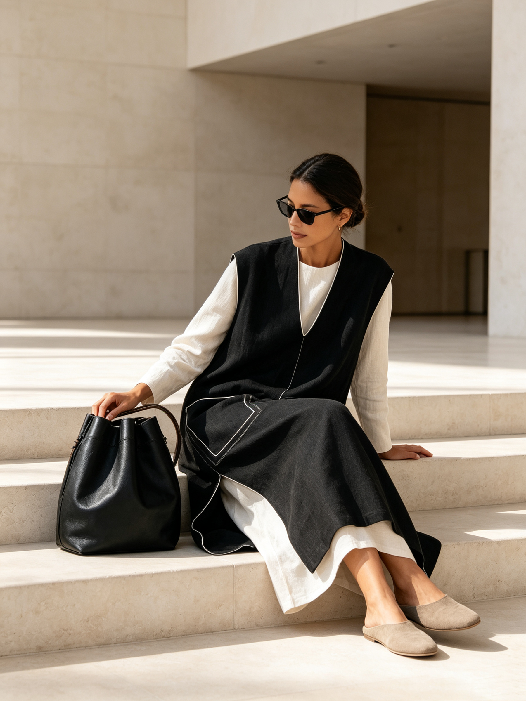Black Contrast Stitching V‑Neck Sleeveless Long Vest With Pockets