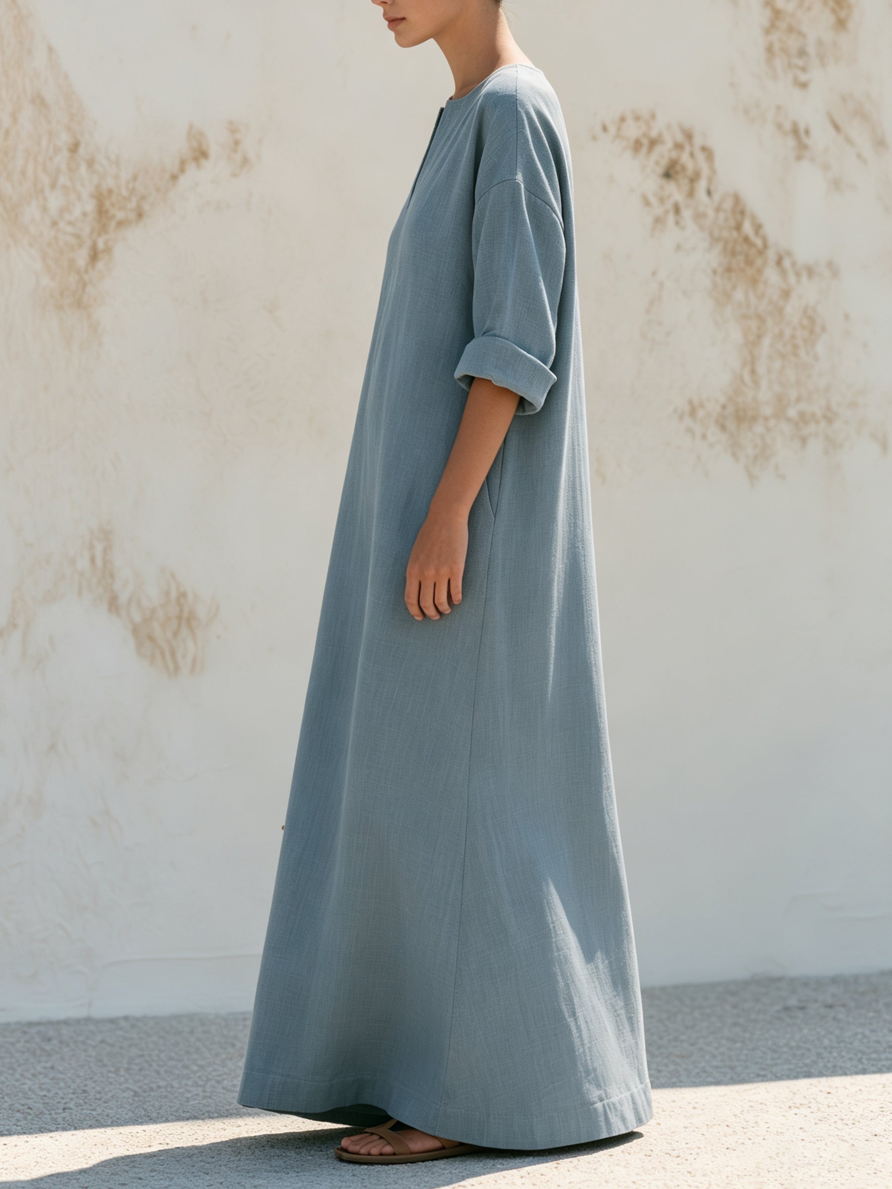 Women’s Minimalist Blue Maxi Dress – Relaxed Fit V-Neck Long Dress With Soft Texture