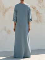Women’s Minimalist Blue Maxi Dress – Relaxed Fit V-Neck Long Dress With Soft Texture