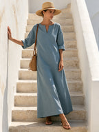 Women’s Minimalist Blue Maxi Dress – Relaxed Fit V-Neck Long Dress With Soft Texture