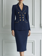 Navy Fall Fashion Gold Button Blazer & Pencil Skirt Suit Set