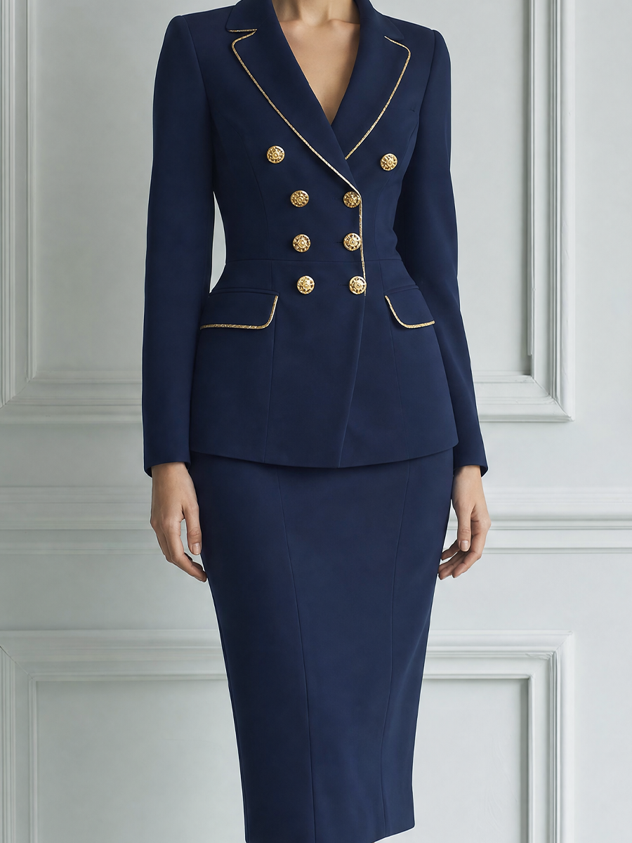 Navy Fall Fashion Gold Button Blazer & Pencil Skirt Suit Set