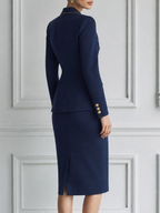 Navy Fall Fashion Gold Button Blazer & Pencil Skirt Suit Set